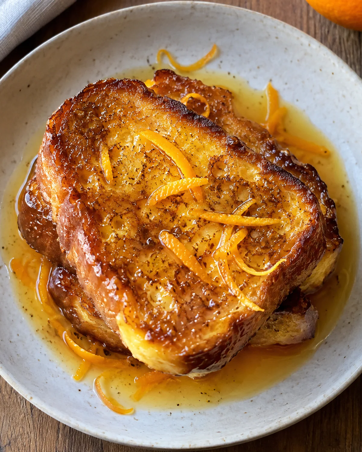 Rabanada de brioche com calda de laranja e cardamomo