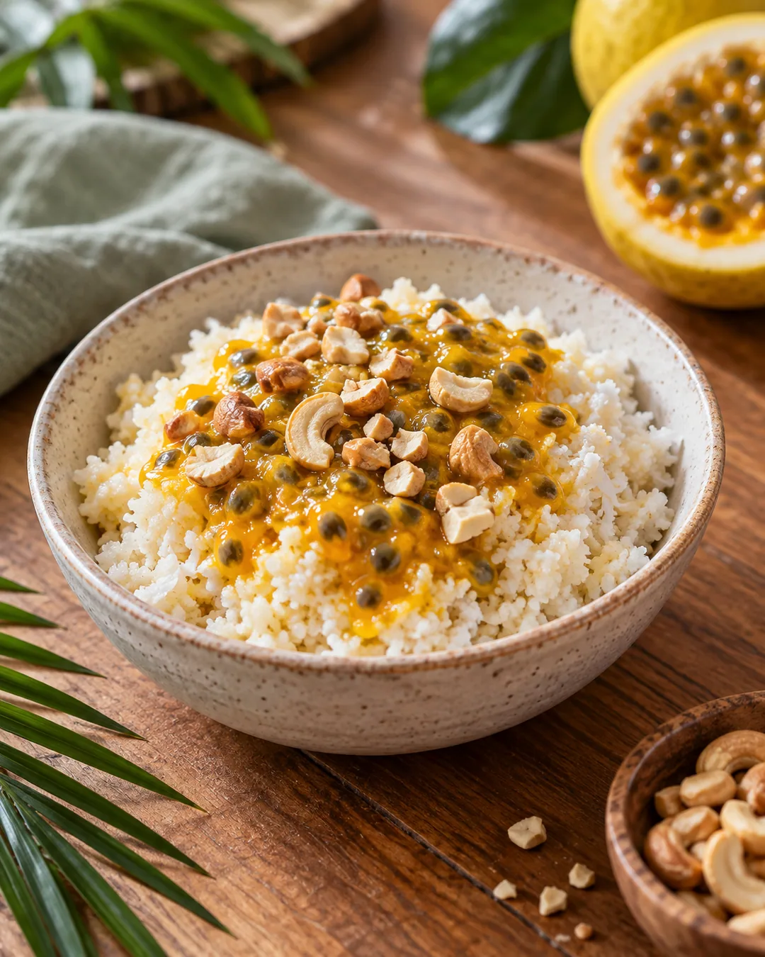Cuscuz cremoso de coco com compota de maracujá