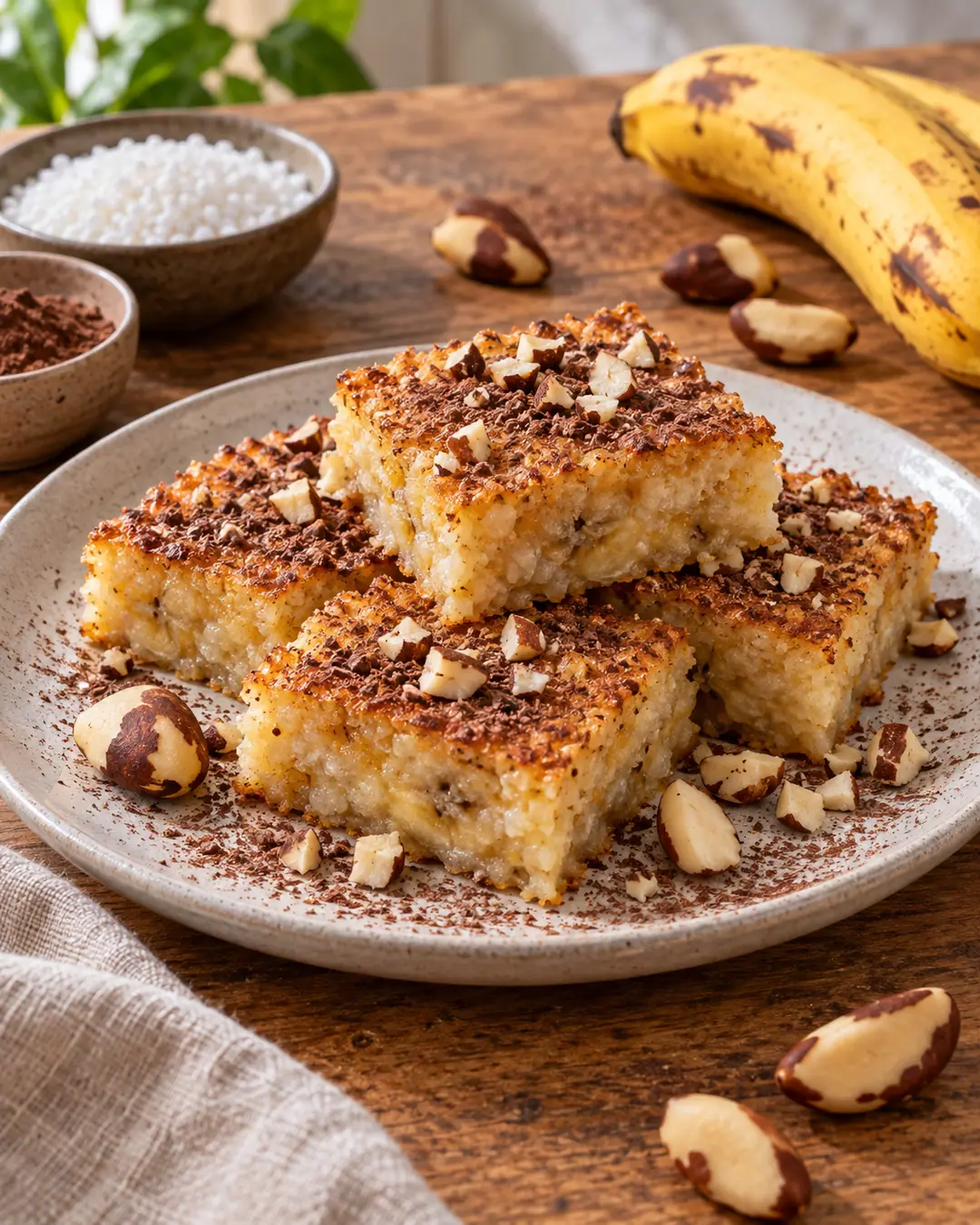 Tapioca assada de banana, cacau e castanha-do-pará