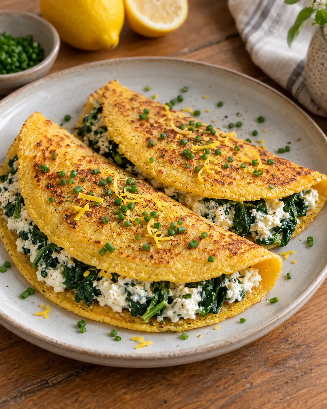 Panqueca de flocão com espinafre e ricota temperada