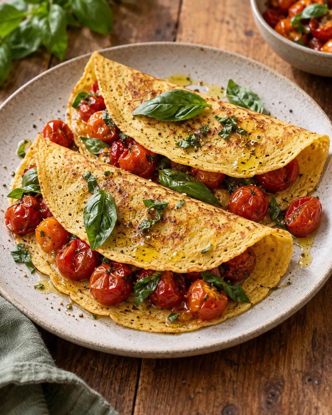 Crepe de grão-de-bico com tomate confitado e manjericão