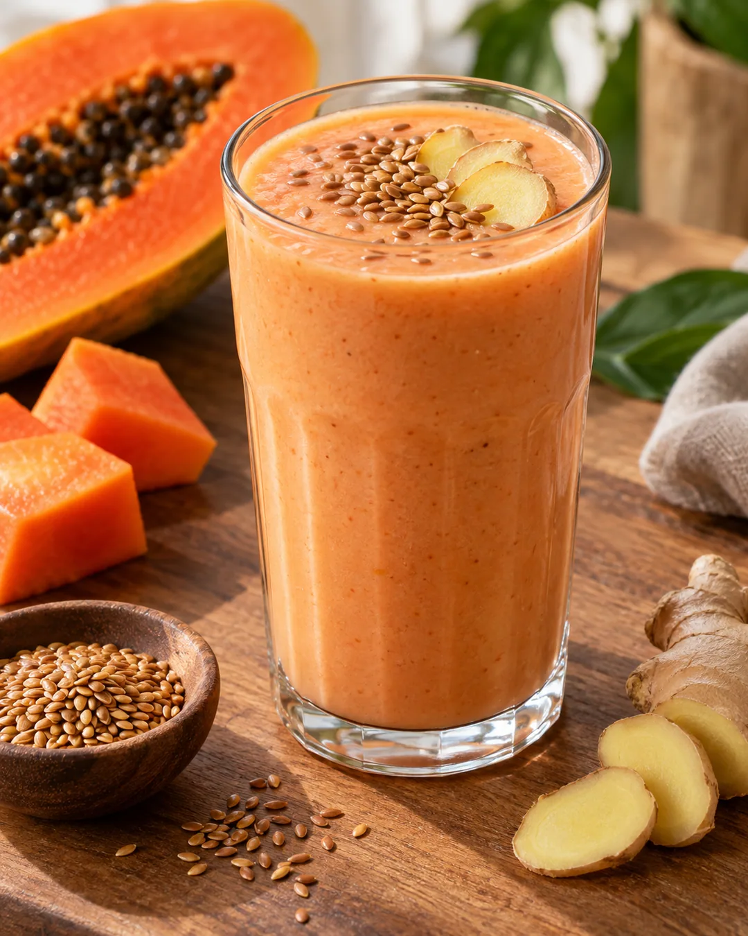 Vitamina gelada de mamão, gengibre e linhaça dourada