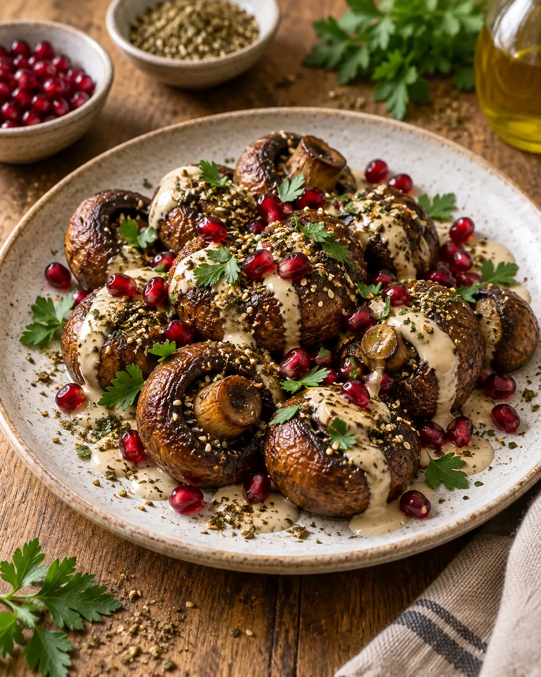 Cogumelos assados com tahine, romã e zaatar