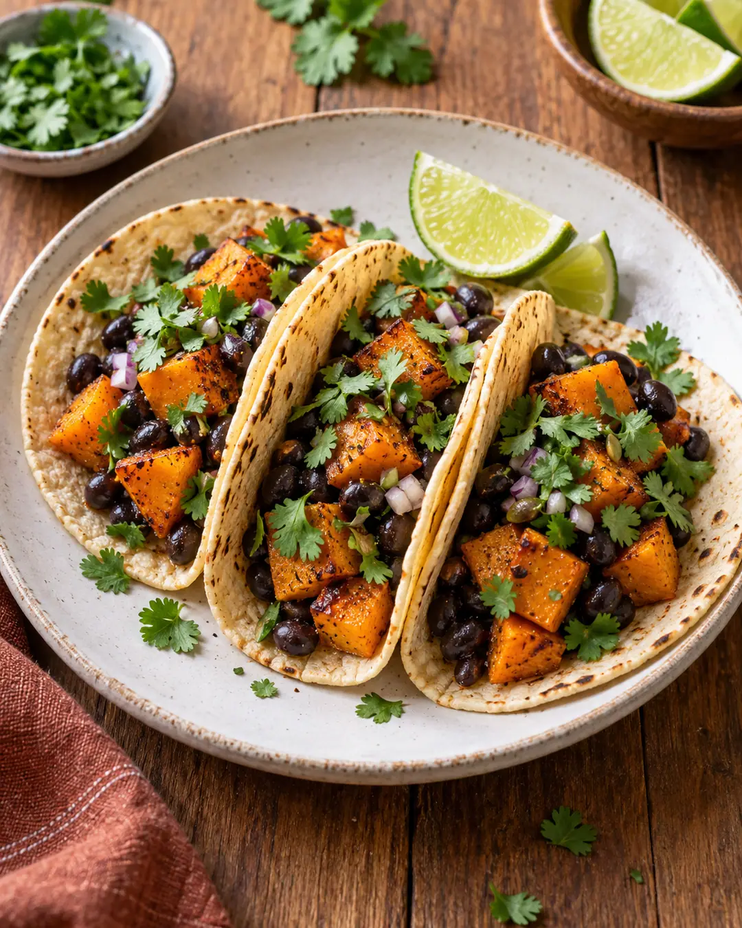 Mini tacos de abóbora, feijão-preto e coentro