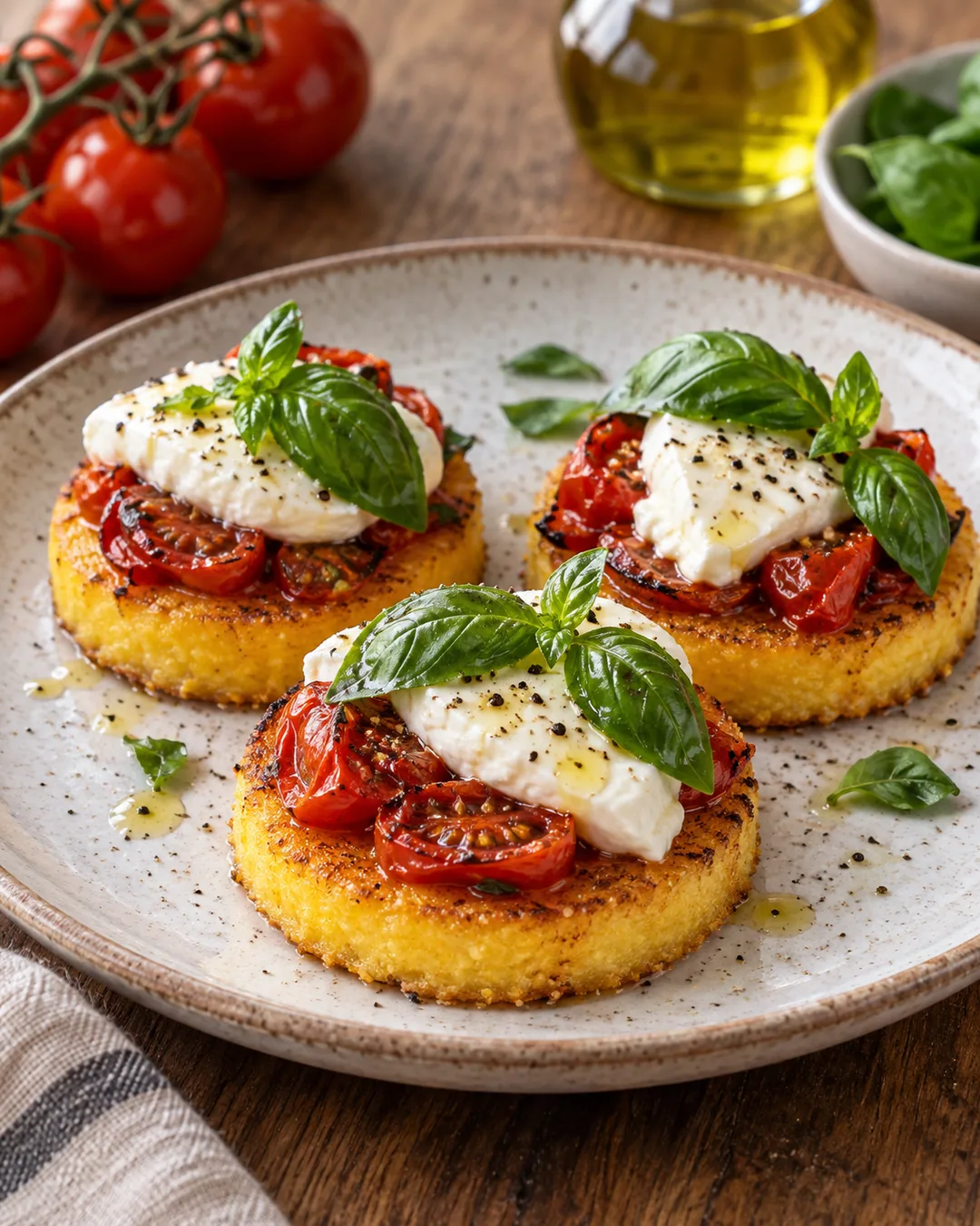 Tortinhas de polenta com tomate e muçarela de búfala