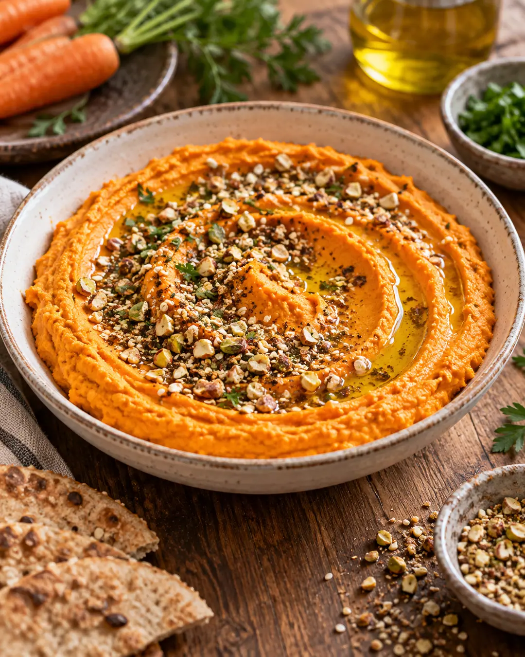 Hummus de cenoura assada com dukkah de castanhas