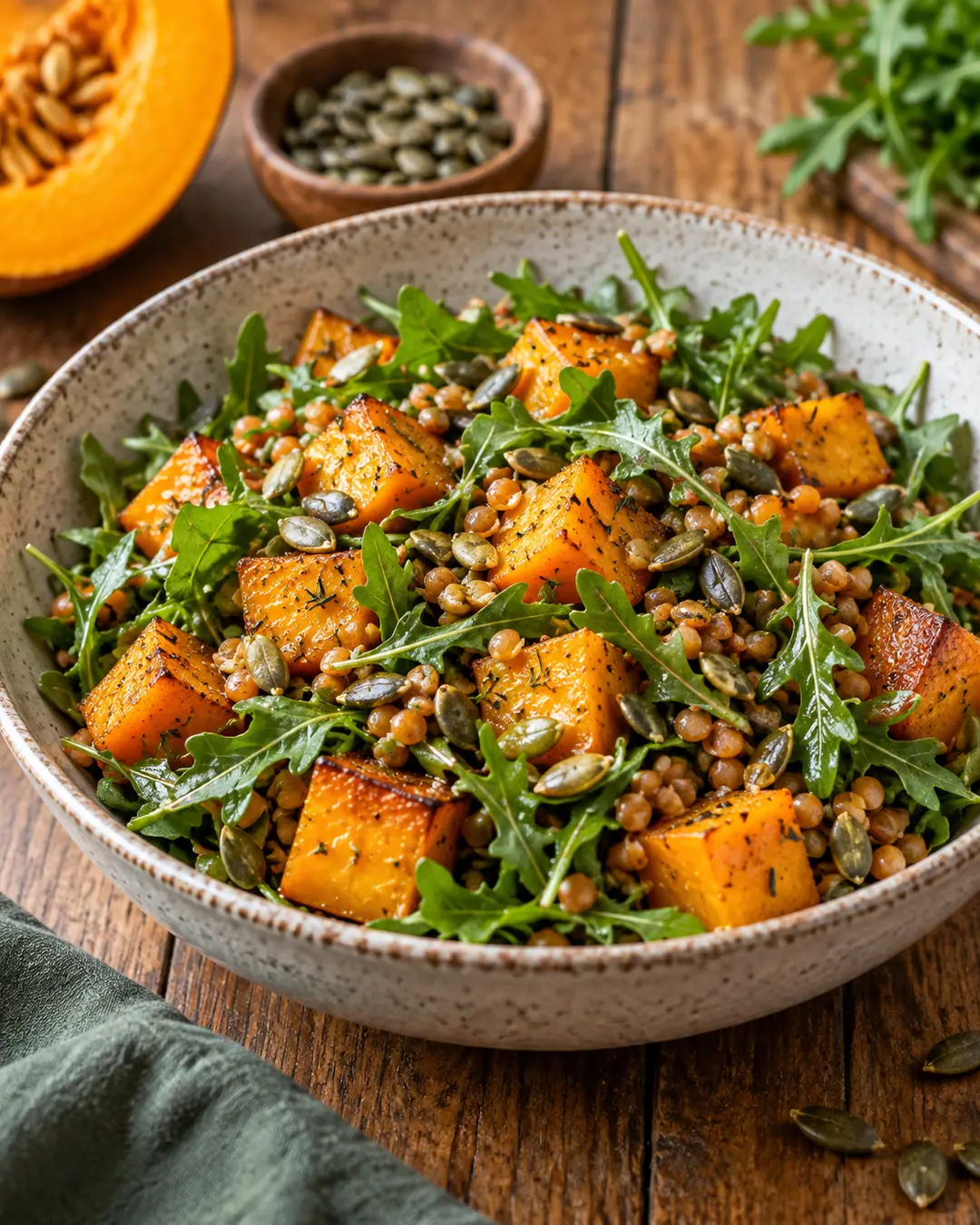 Salada morna de abóbora, rúcula e lentilha-vermelha