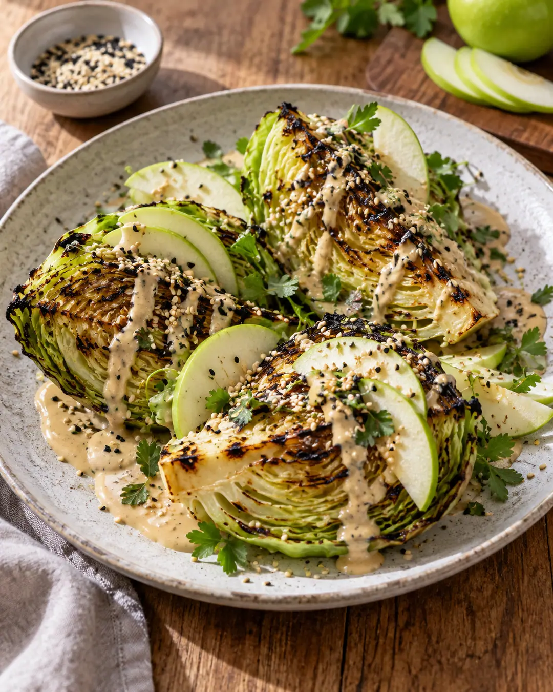 Salada de repolho grelhado, maçã-verde e tahine