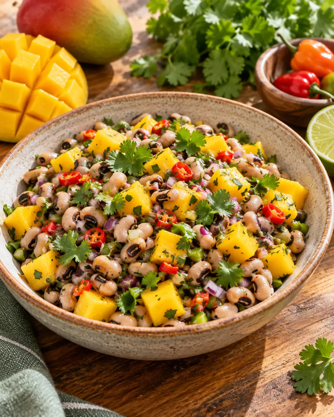 Salada de feijão-fradinho, manga e pimenta-de-cheiro