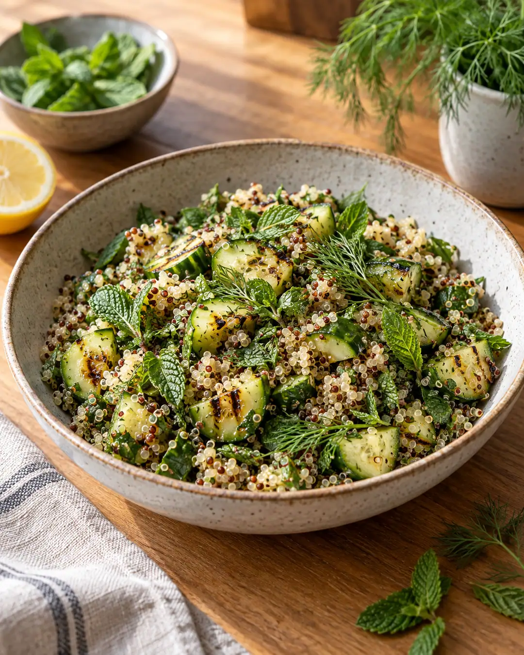 Salada de quinoa, pepino queimado e ervas frescas