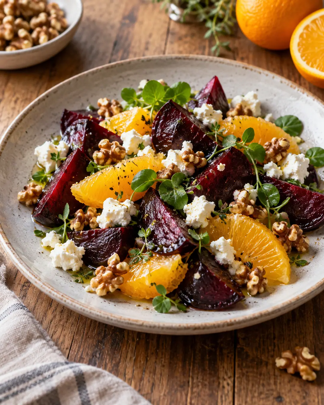 Salada de beterraba, laranja e queijo de cabra