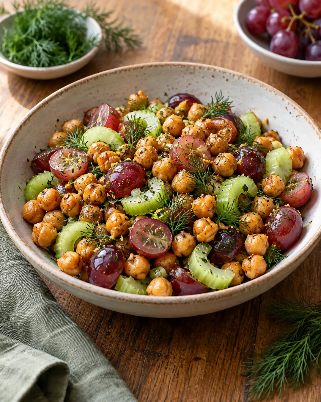 Salada de grão-de-bico crocante, uva e salsão