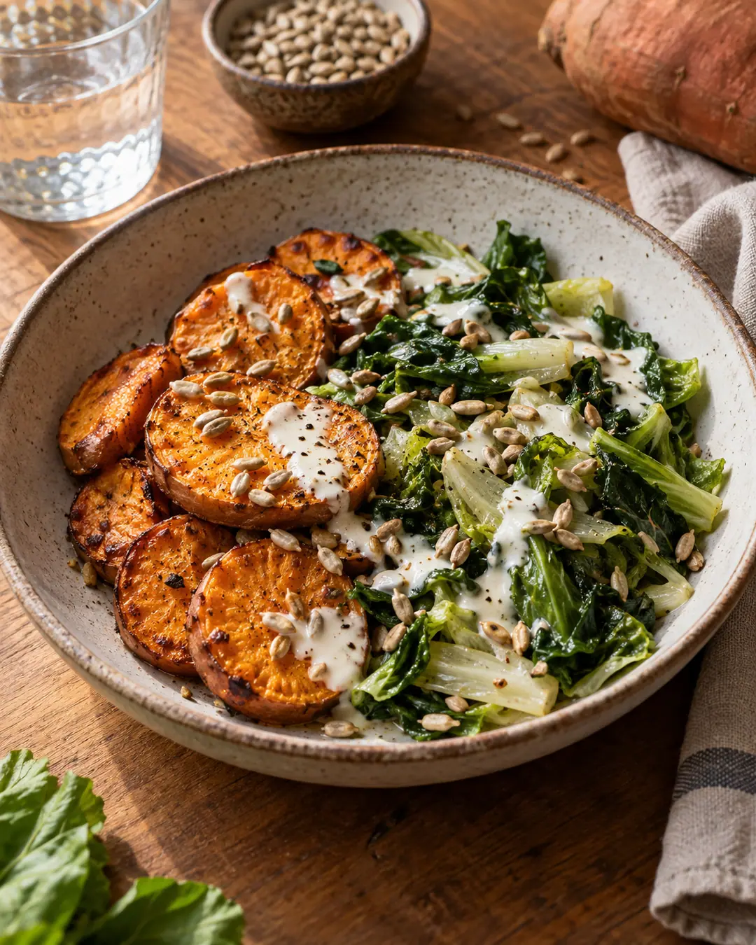 Salada de batata-doce, escarola e molho de iogurte