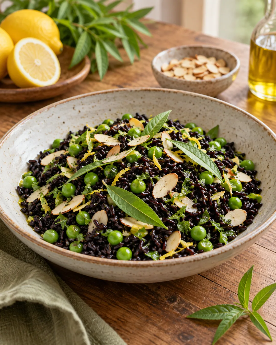Salada de arroz negro, ervilhas e erva-cidreira