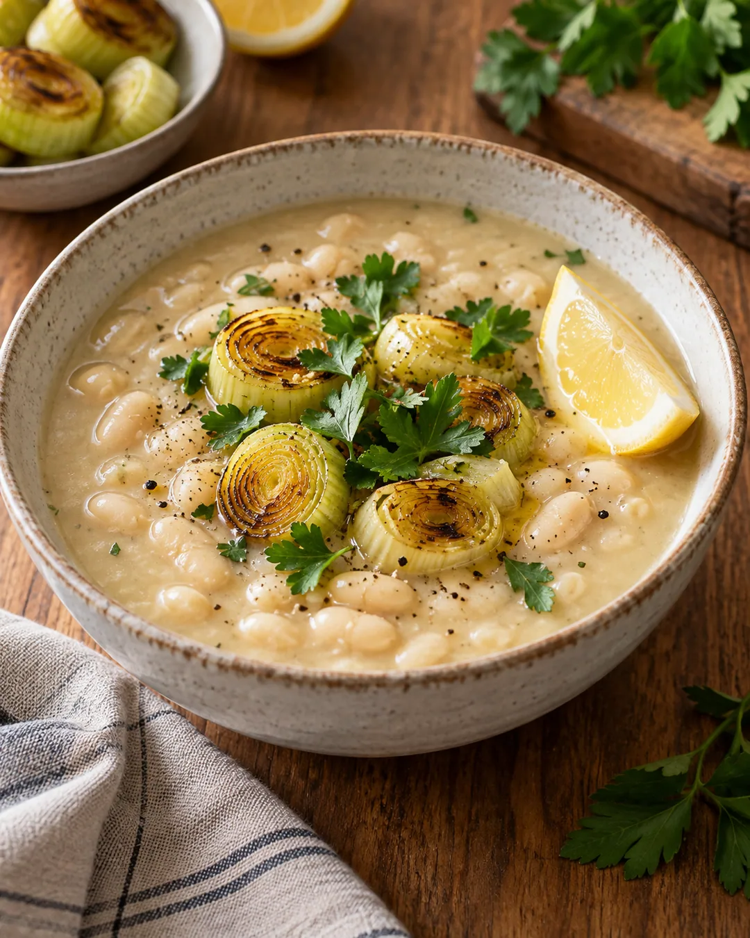 Sopa de feijão-branco, alho-poró e limão