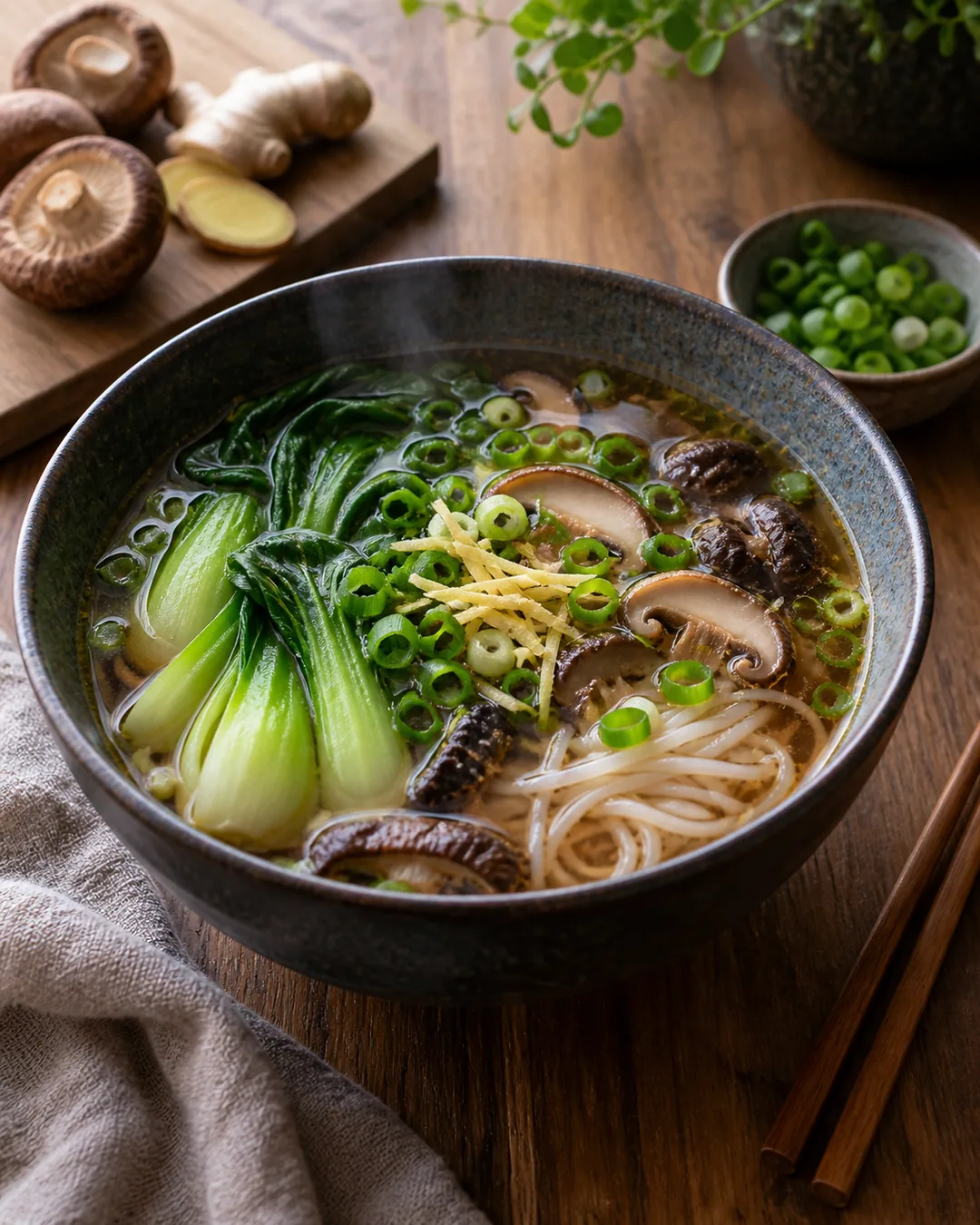 Caldo de cogumelos, gengibre e bok choy