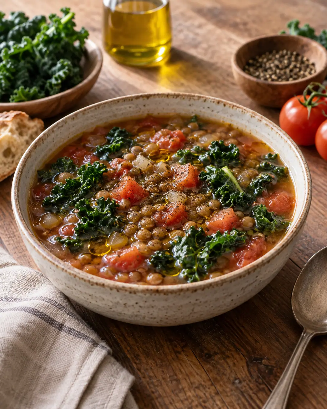 Sopa rústica de lentilha, tomate e couve