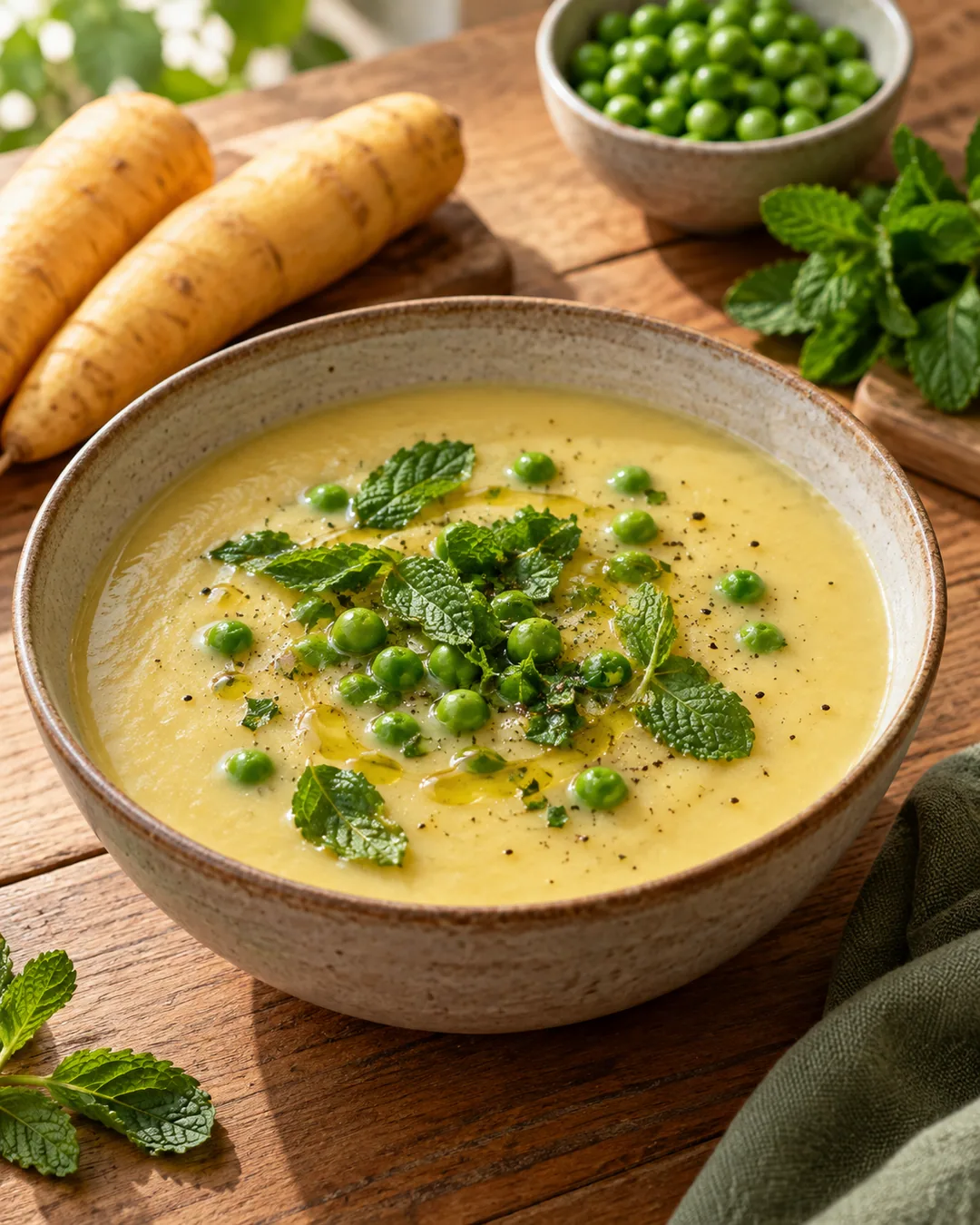 Sopa de mandioquinha, ervilha e hortelã