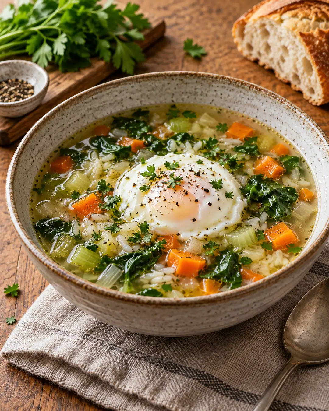 Canja vegetariana de arroz, legumes e ovo pochê