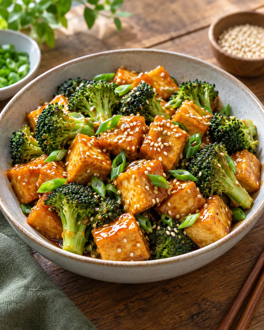 Tofu crocante com molho de laranja e gergelim