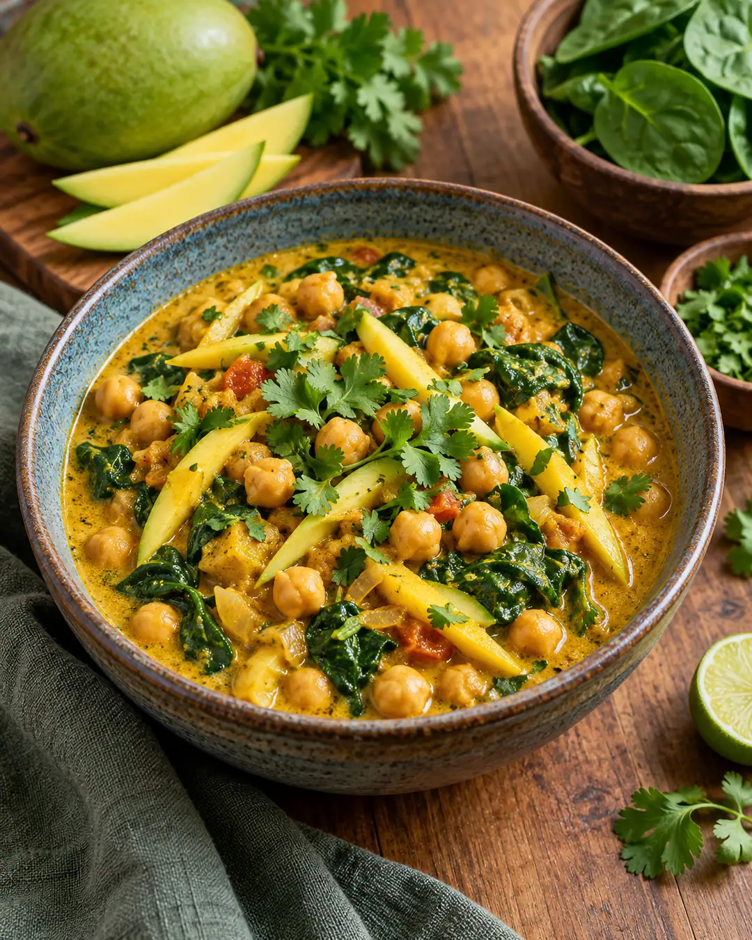 Curry de grão-de-bico, manga verde e espinafre