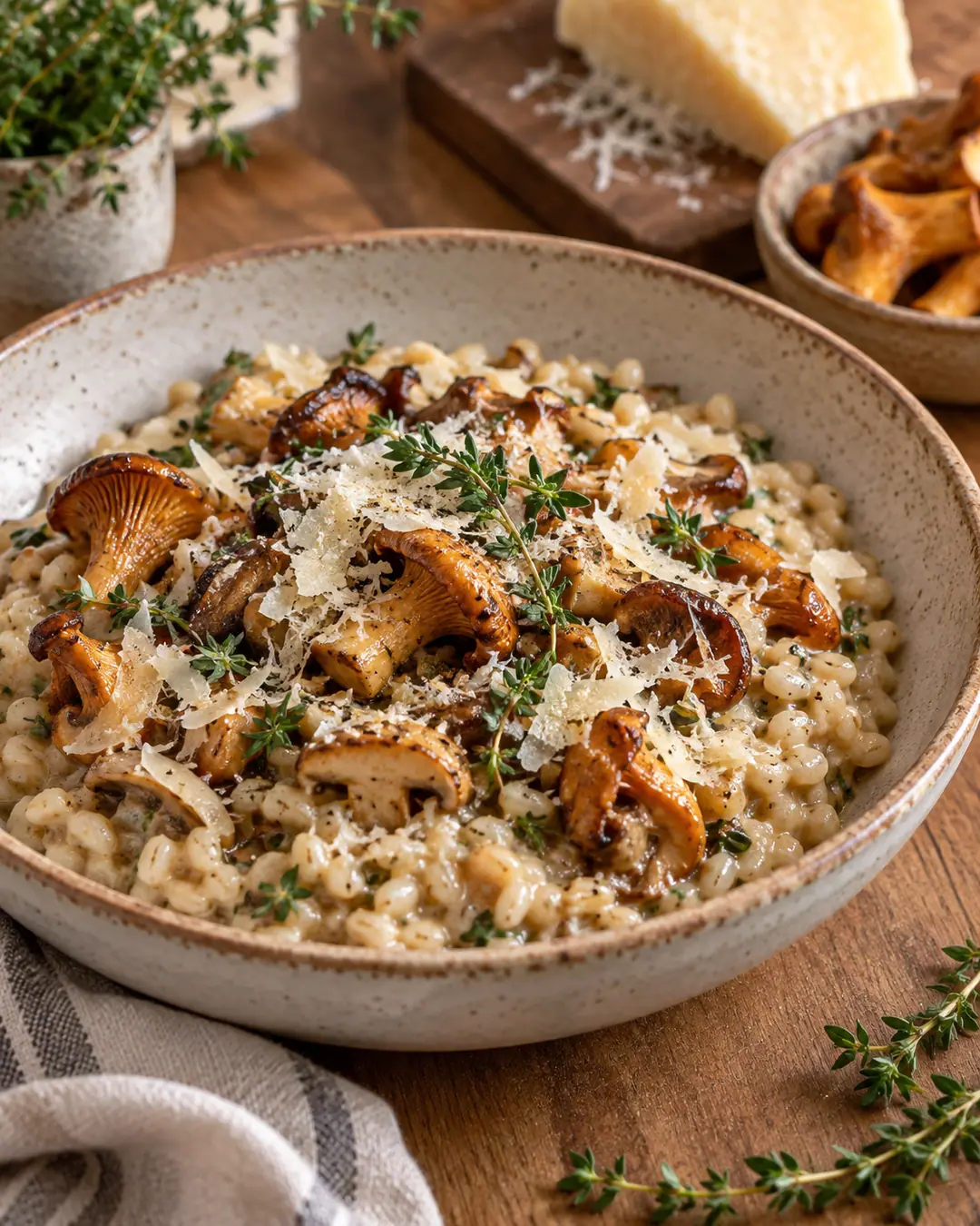 Arroz cremoso de cogumelos, cevada e parmesão