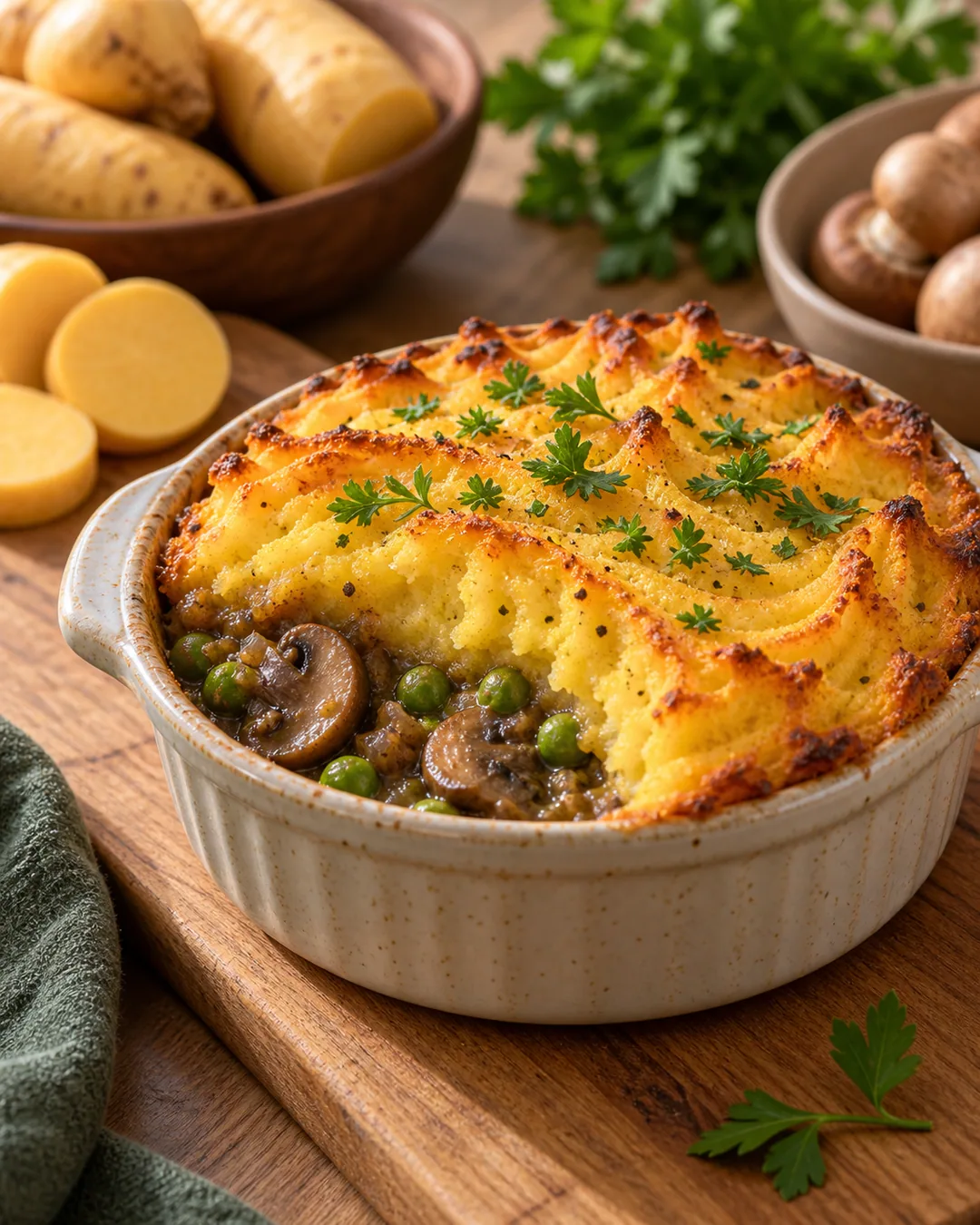 Escondidinho de ervilha, cogumelos e purê de batata-baroa