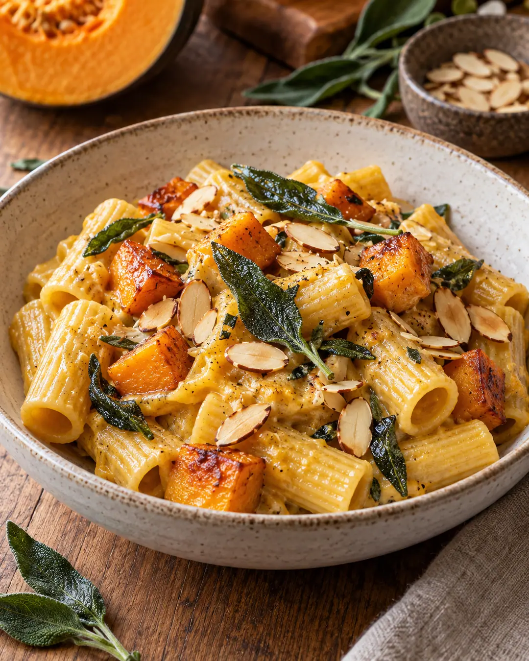 Rigatoni de abóbora assada com sálvia e amêndoas