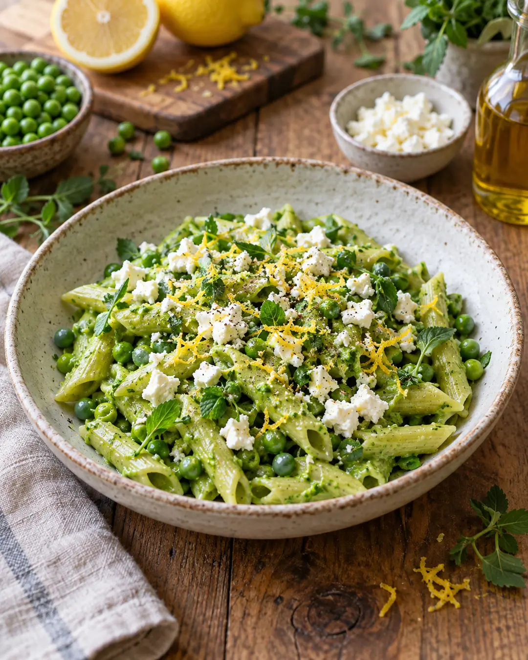Penne de ervilhas com limão e queijo feta