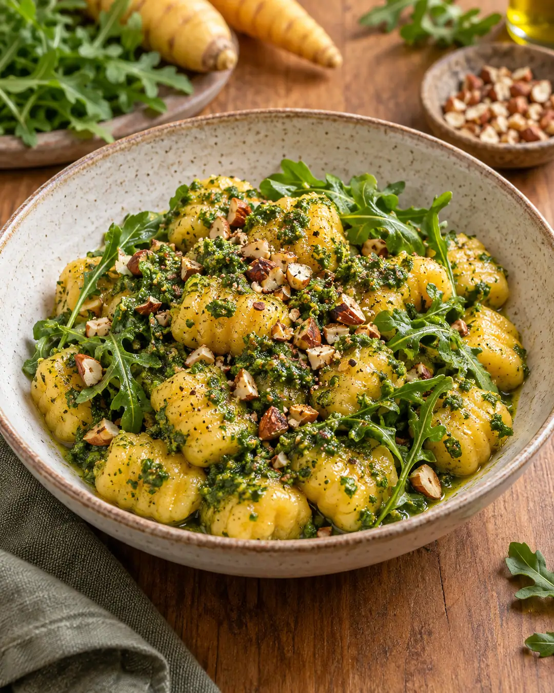 Nhoque de mandioquinha com pesto de rúcula