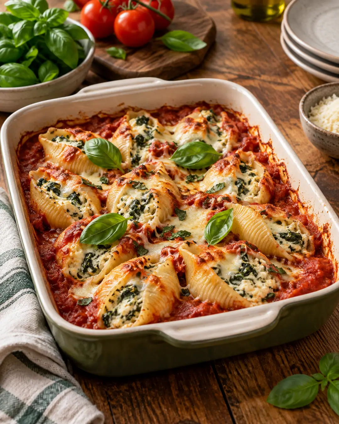Conchiglie recheado de espinafre, ricota e noz-moscada