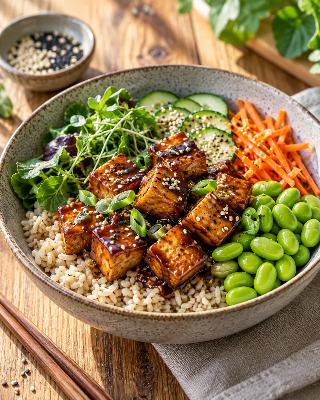 Bowl de arroz integral, tofu teriyaki e edamame