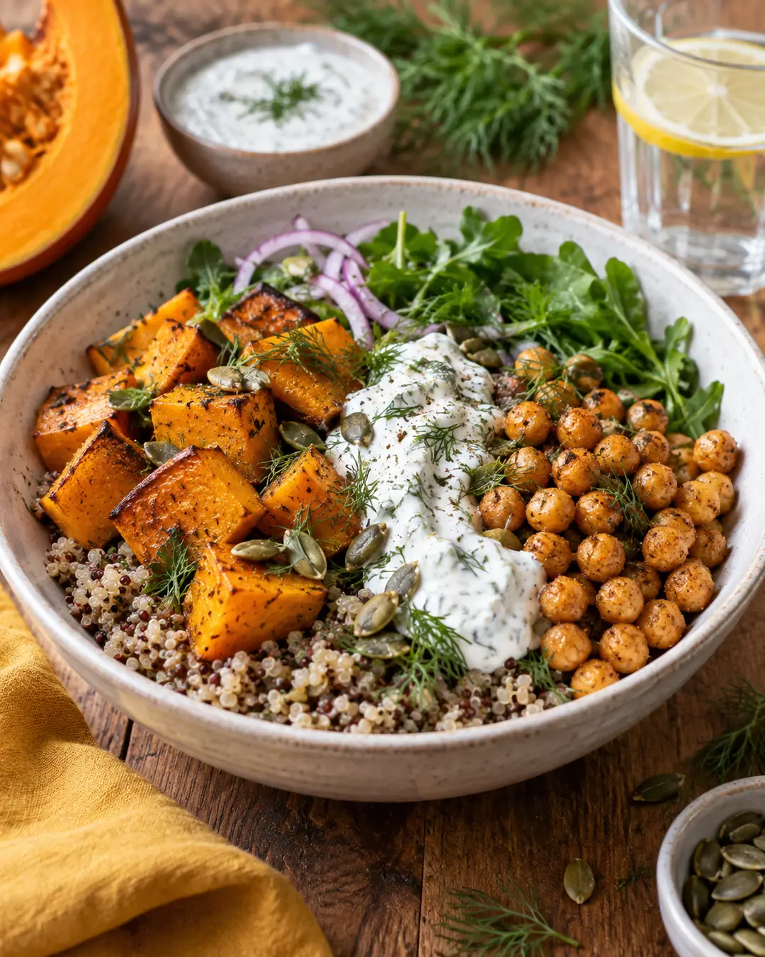 Bowl de quinoa, abóbora e molho de iogurte com dill