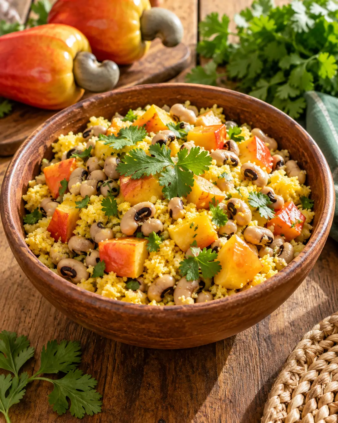 Bowl de feijão-fradinho, cuscuz e vinagrete de caju