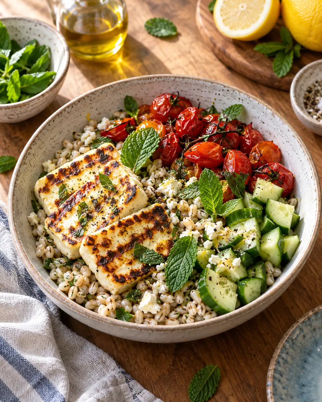 Bowl mediterrâneo de cevada, tomate e queijo halloumi