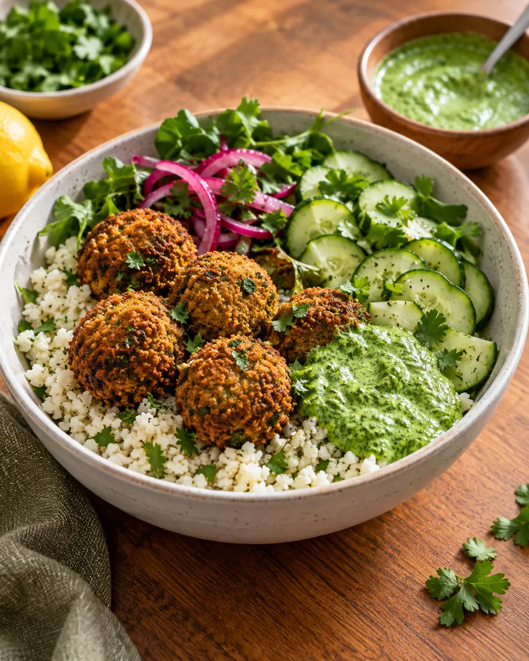 Bowl de arroz de couve-flor, falafel e molho verde