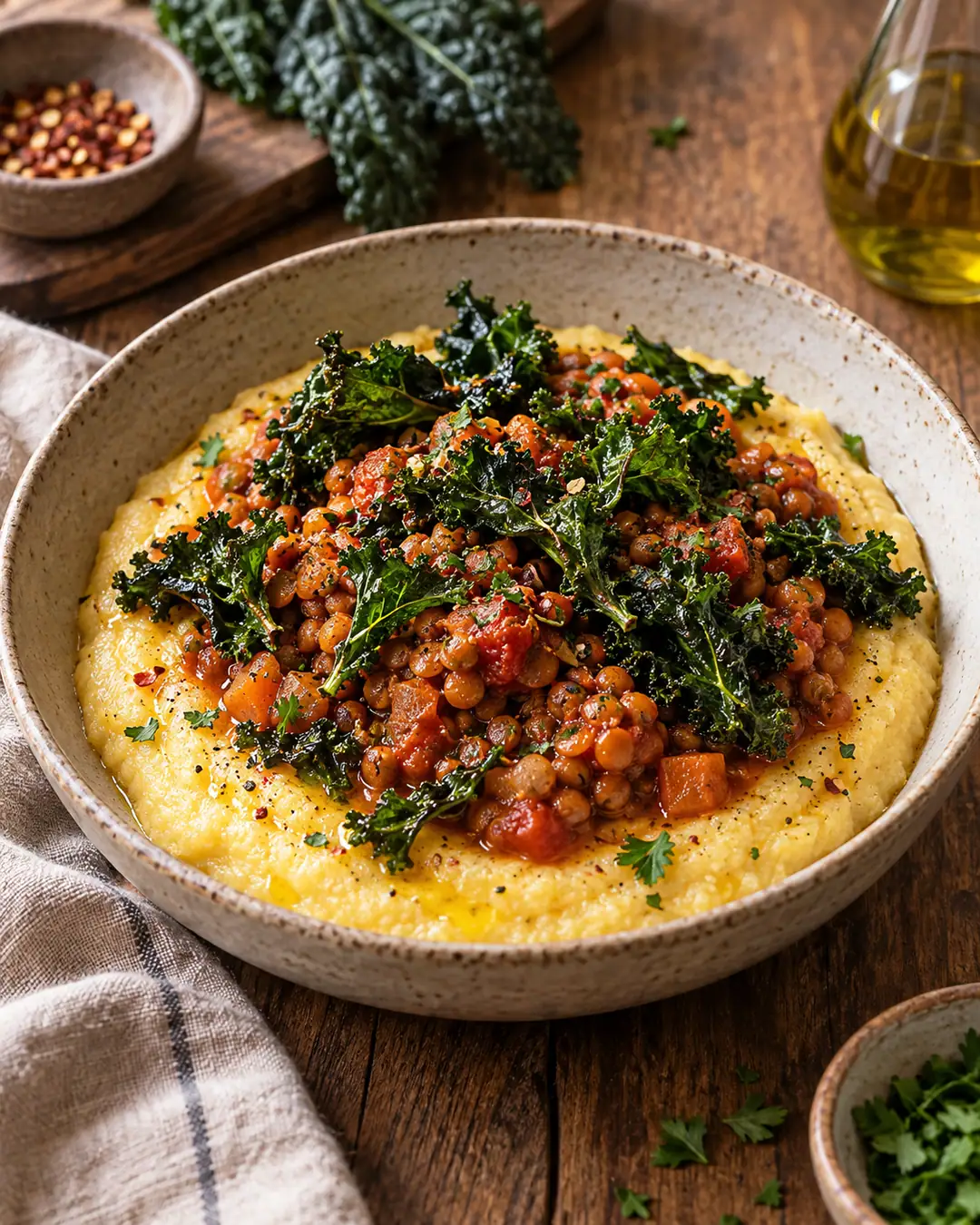 Bowl de polenta cremosa, ragu de lentilha e couve