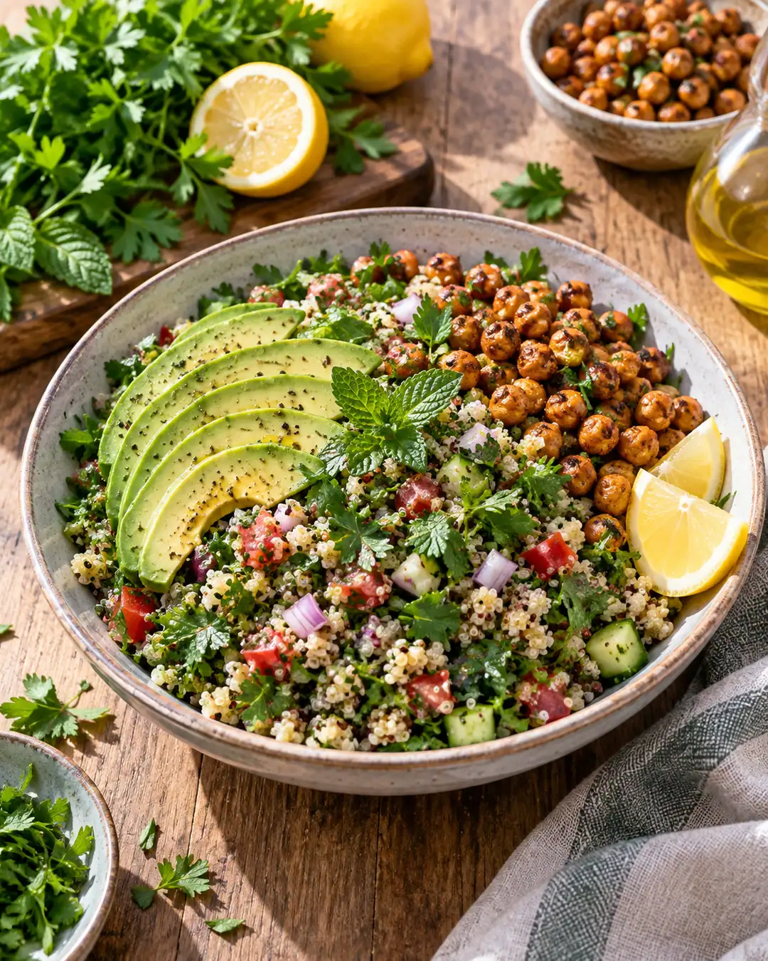 Bowl de tabule de quinoa, abacate e grão crocante