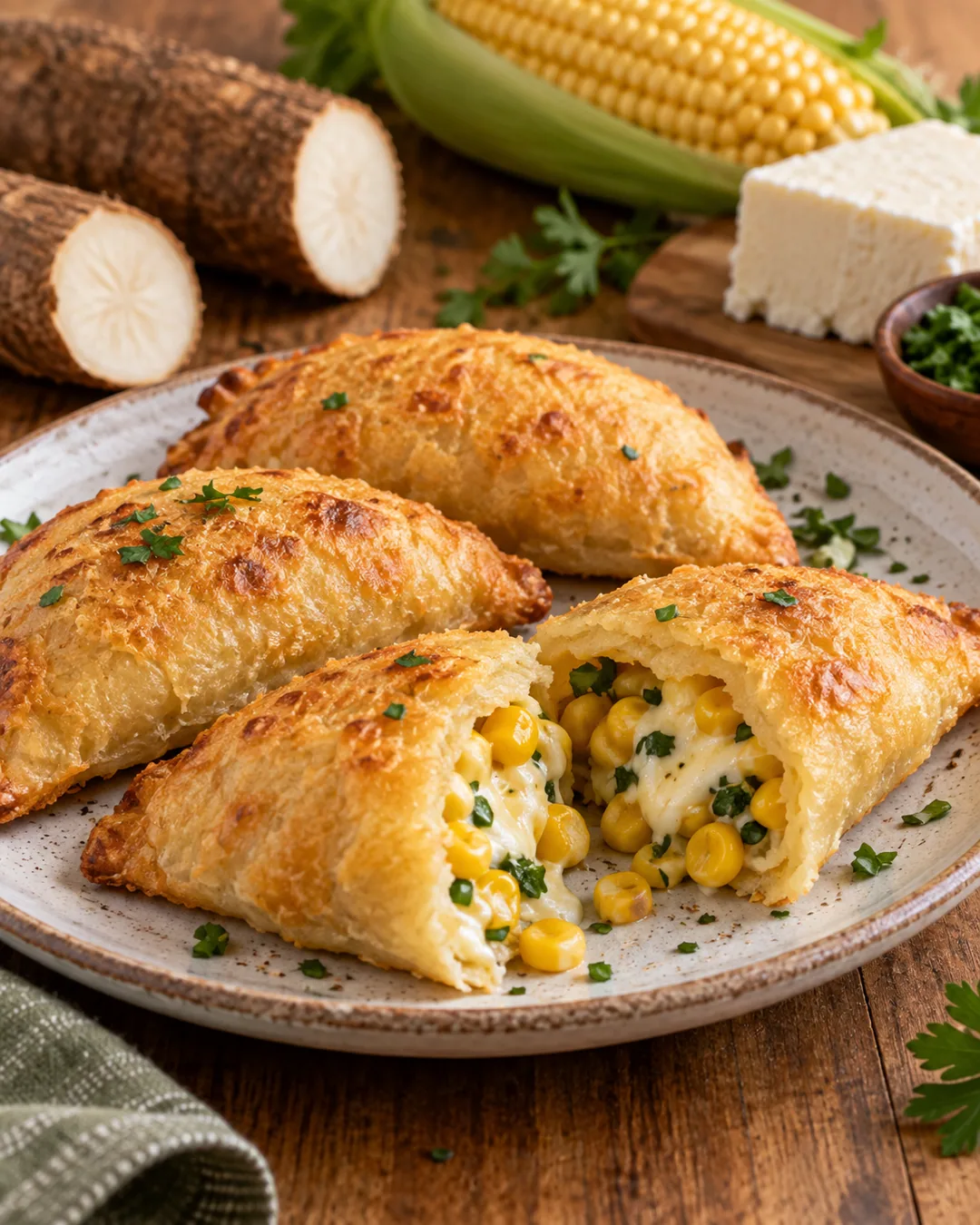 Pastel assado de mandioca, milho e queijo minas
