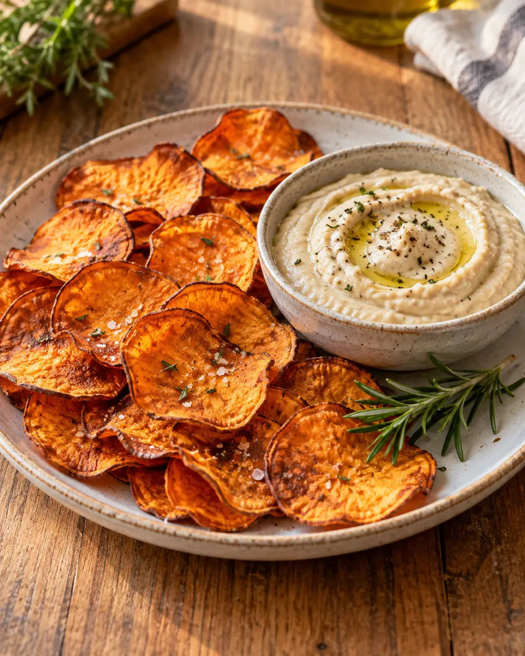 Chips de batata-doce com creme de feijão-branco