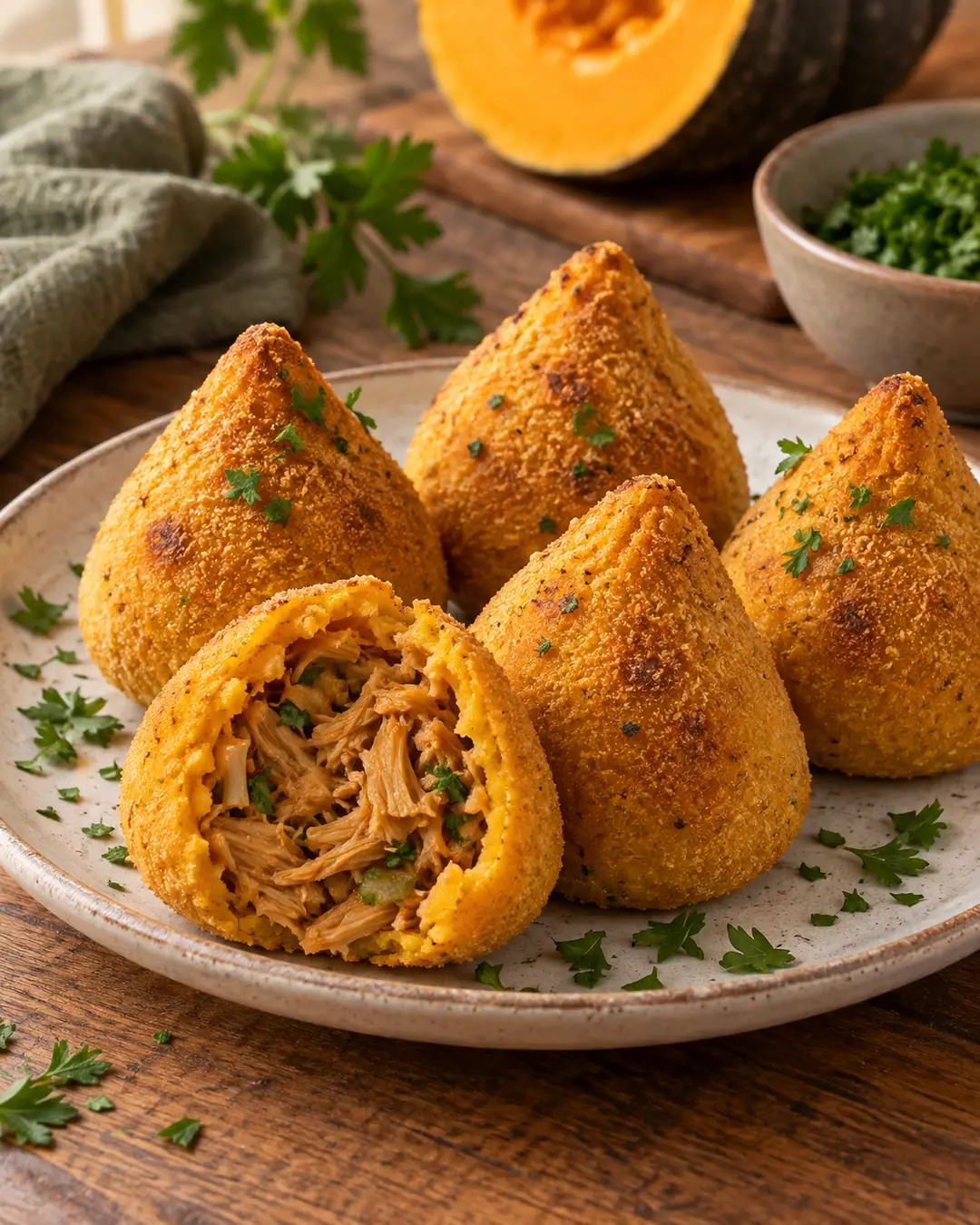 Coxinha assada de abóbora com jaca temperada