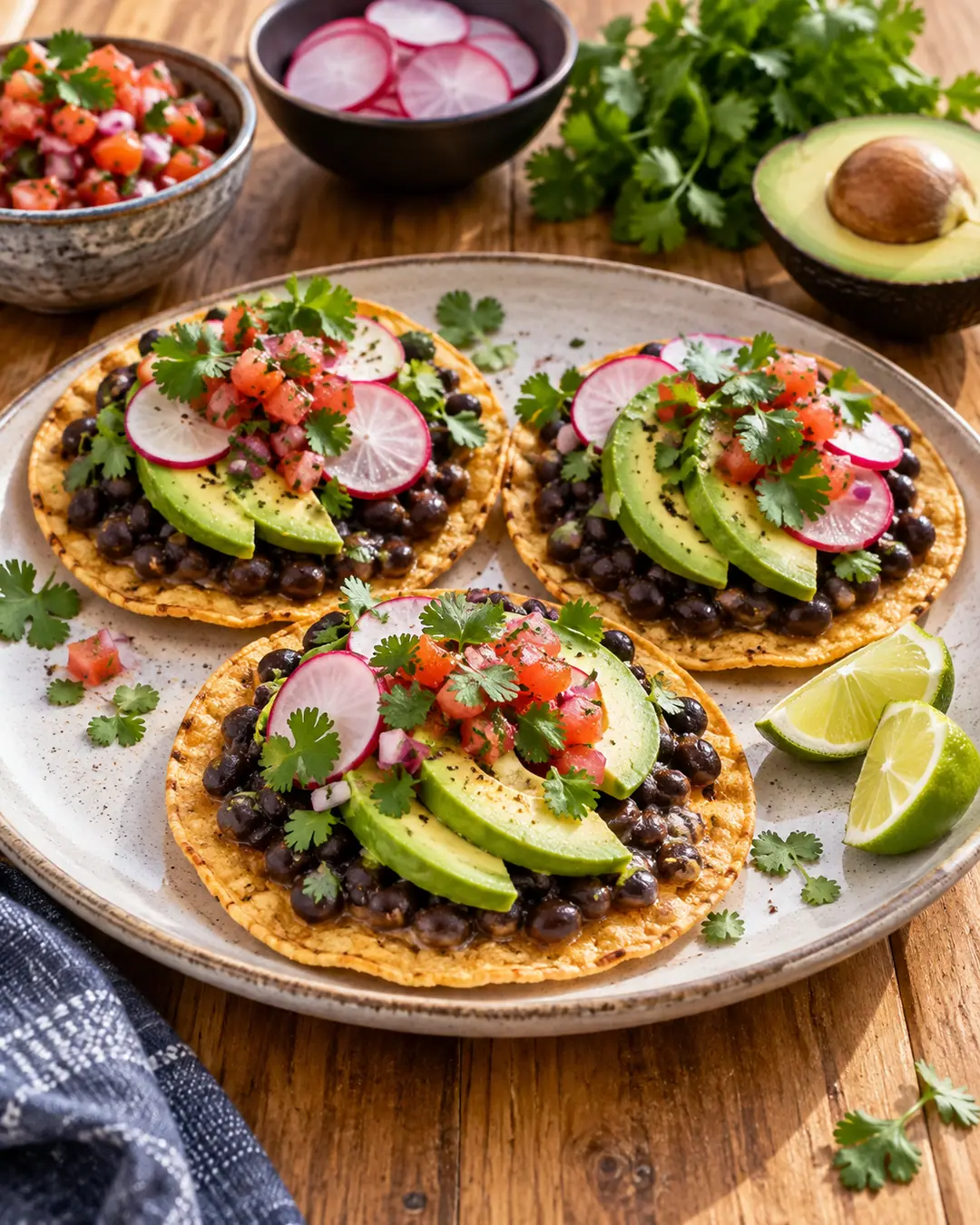 Tostadas de milho com abacate, feijão e rabanete