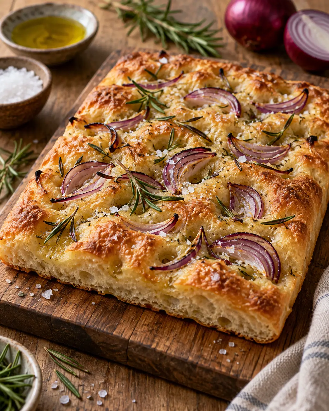 Focaccia de batata, alecrim e cebola-roxa