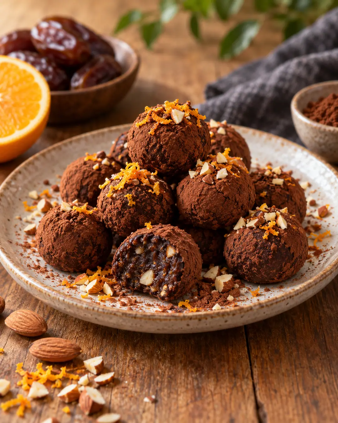 Trufas de tâmara, cacau e laranja