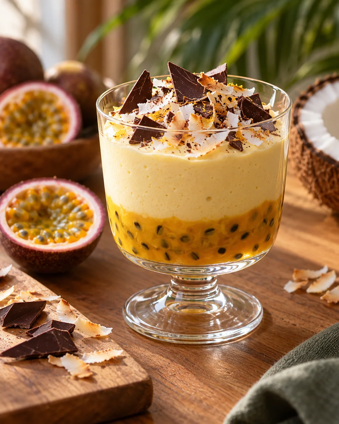 Mousse de maracujá, coco e chocolate amargo