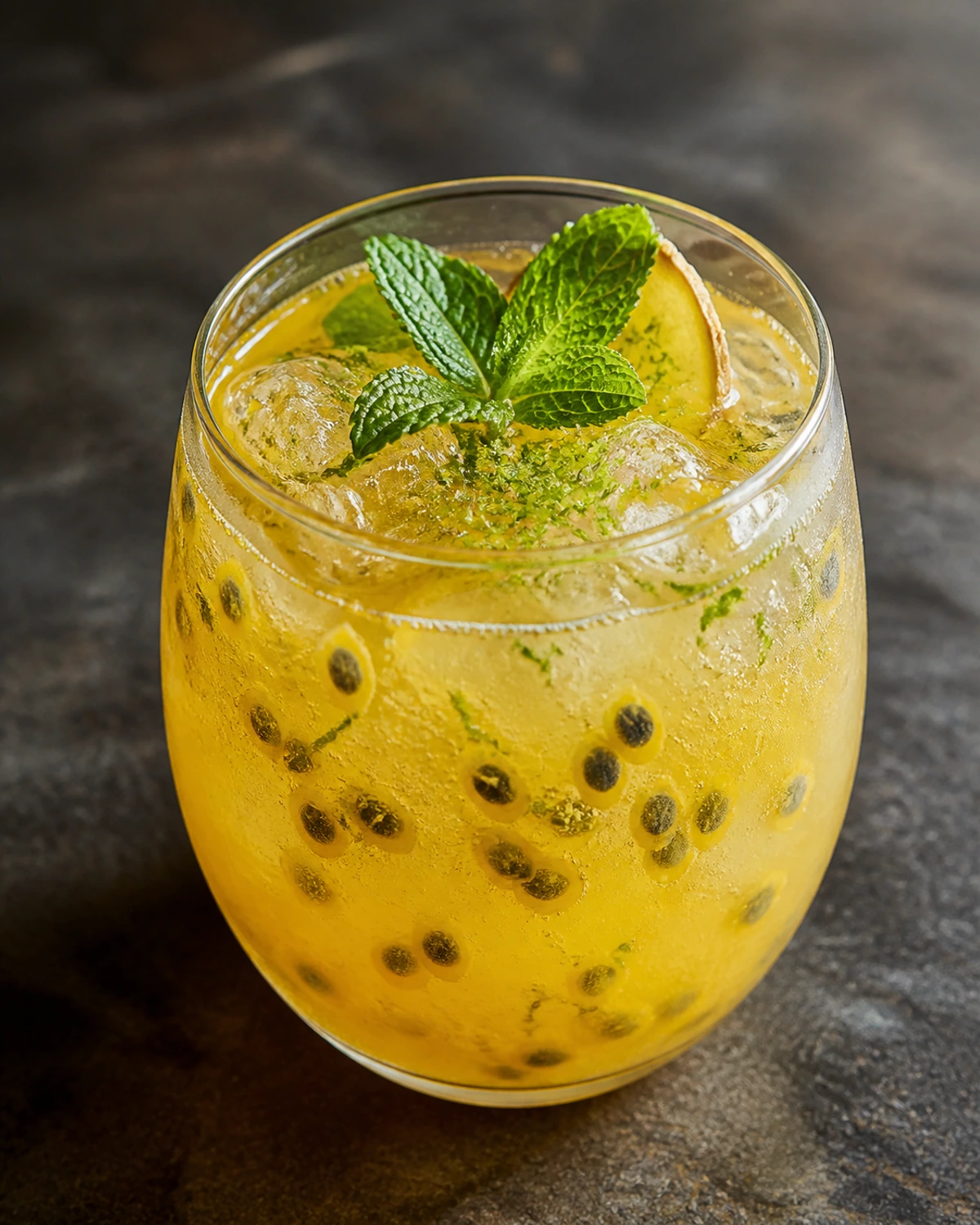 Refresco de maracujá com gengibre prensado e raspas de limão