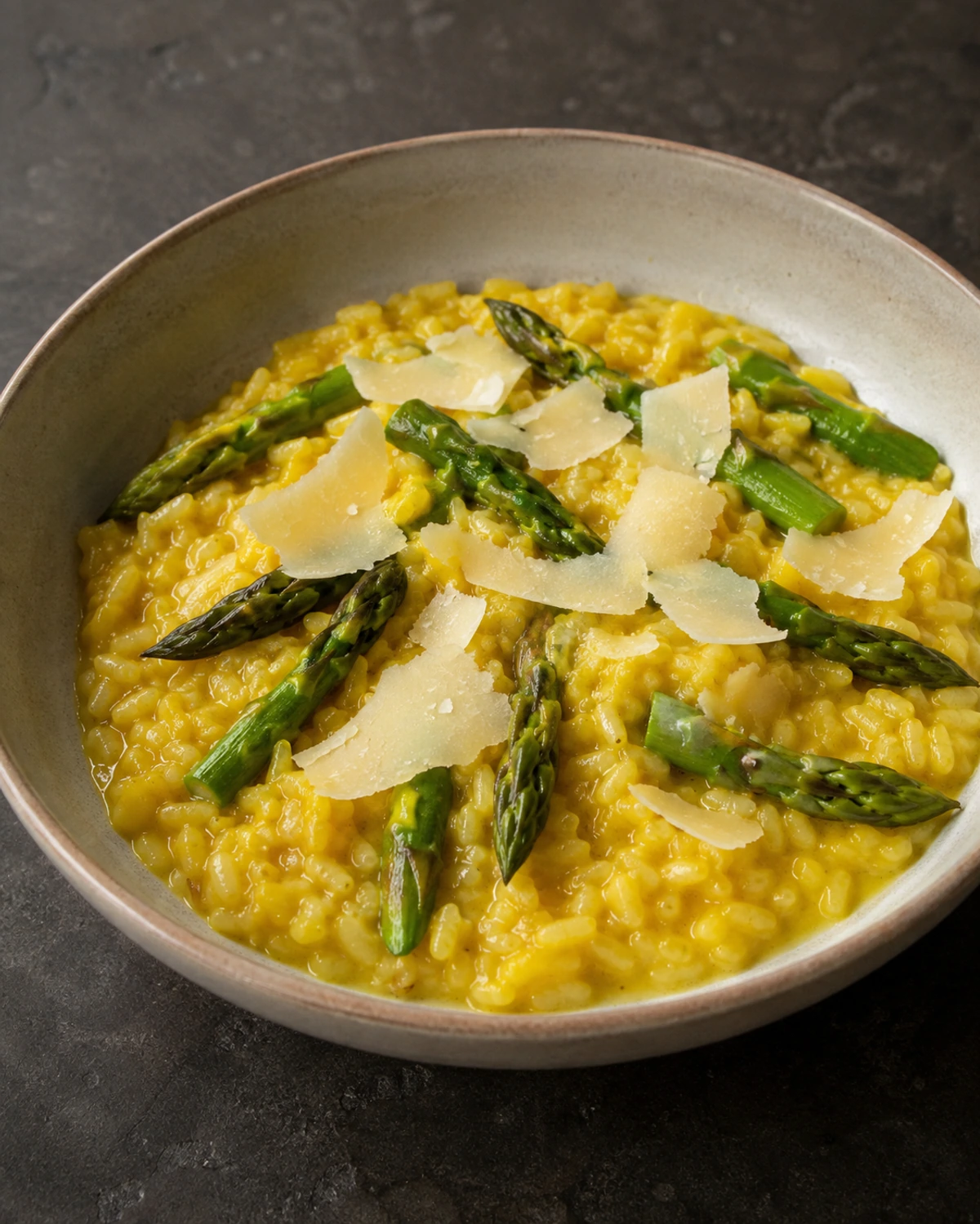 Risoto de açafrão da terra com aspargos verdes e queijo parmesão artesanal