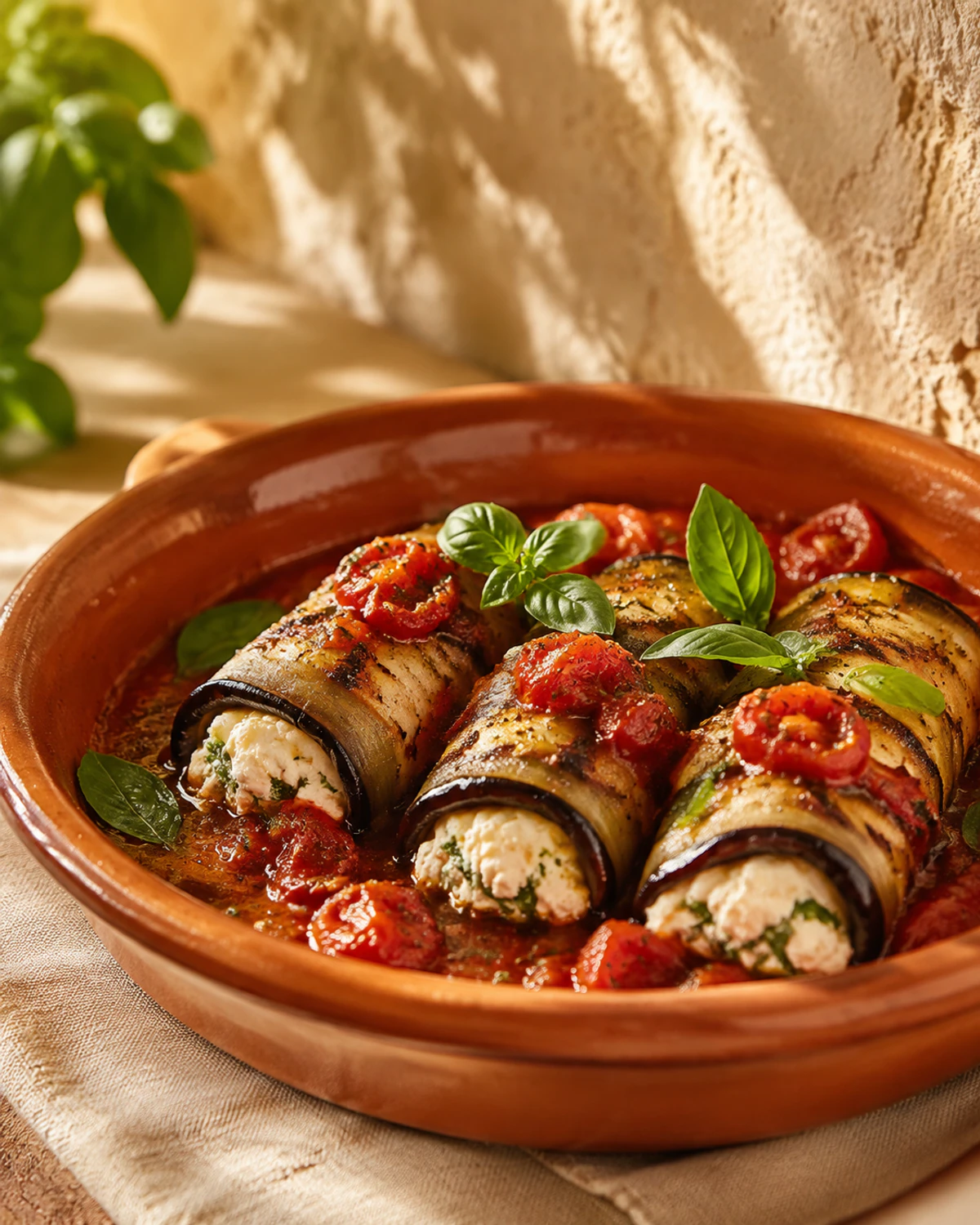 Rolinhos de berinjela com ricota, tomate confit e manjericão