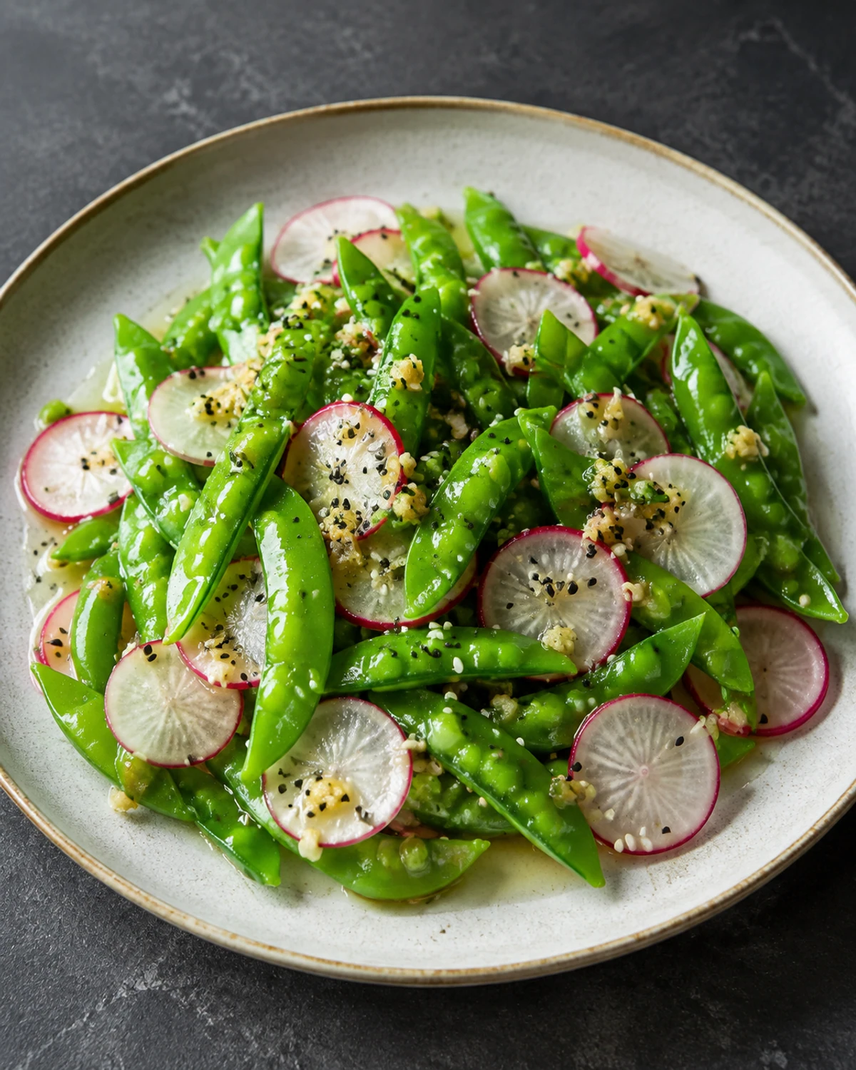 Salada crocante de ervilha torta com rabanete e vinagrete de gengibre