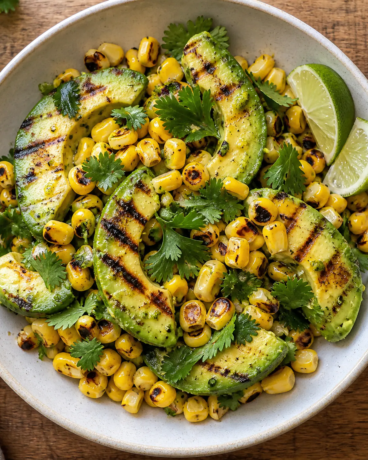 Salada de abacate grelhado com milho tostado e limão